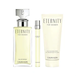 Shop Calvin Klein Eternity for Women Eau de Parfum Gift Set. Includes 100ml EDP, body lotion, and 10ml purse spray. A timeless floral fragrance with rose, lily, and sandalwood.