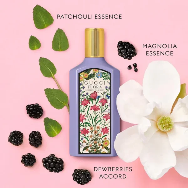 Gucci Flora Gorgeous Magnolia Eau de Parfum with Berries and Patchouli. Gucci Flora Gorgeous Magnolia perfume bottle