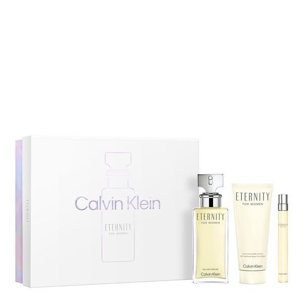 Shop Calvin Klein Eternity for Women Eau de Parfum Gift Set. Includes 100ml EDP, body lotion, and 10ml purse spray. A timeless floral fragrance with rose, lily, and sandalwood.